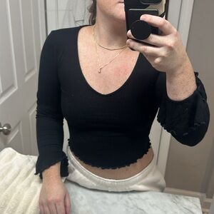By Together Ribbed Bell Sleeve Crop V Neck Top